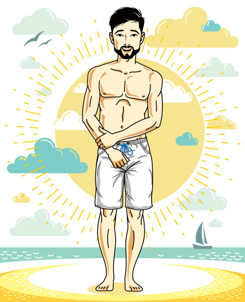 留着络腮胡子的帅哥站在热带海滩上，穿着沙滩裤。矢量插图。暑假的主题。图片下载