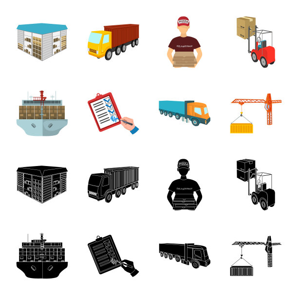 海运，签收发货文件，卡车，塔吊与集装箱。物流和交付集合图标在黑色，卡通风格等距矢量符号股票插图web。图片下载