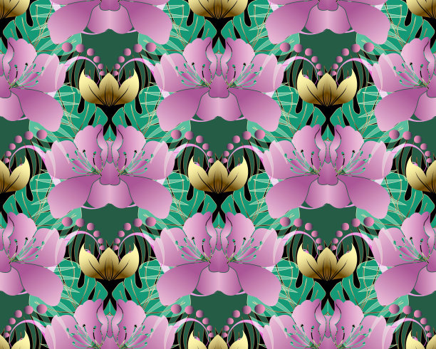 鲜艳多彩的花矢无缝图案。抽象观赏繁盛背景。异国情调的热带金粉花，棕榈叶，小点。典雅装饰。壁纸设计，织物设计图片下载