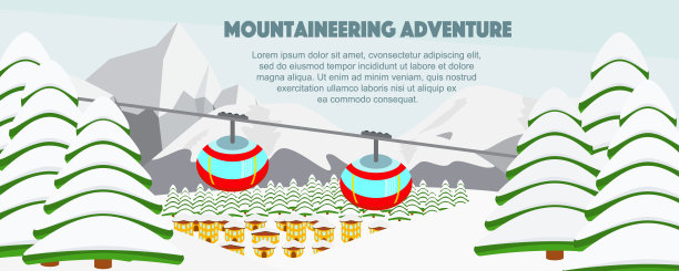 滑雪胜地，缆索升降机平面矢量插图。阿尔卑斯山，小村庄，冷杉树，山峦广博全景背景。滑雪山，冬季网页横幅设计卡通元素。图片下载