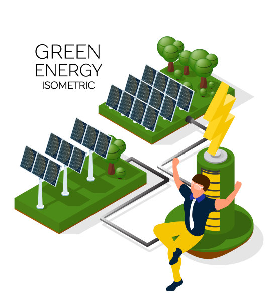 替代能源:太阳能板，风车。讨论能源问题的人物。等距三维图片下载