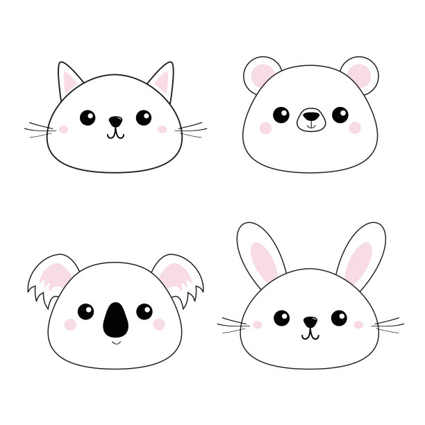 猫、小猫、小兔、野兔、灰熊、考拉头脸套。涂鸦线性素描。粉红色的脸颊。可爱的卡通人物。宠物动物的集合。t恤的设计。婴儿的背景。平图片下载