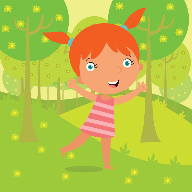 可爱的小马尾辫女孩看起来快乐开朗，是独在绿色森林里的卡通人物图片下载