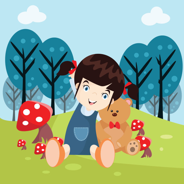 可爱的小马尾辫女孩看起来快乐和欢快的玩她的泰迪熊在蘑菇田附近的森林，卡通人物图片下载