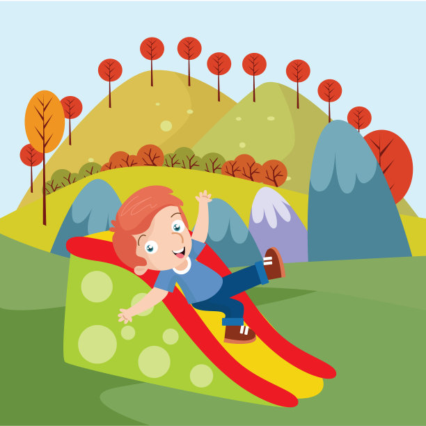 可爱的小男孩看起来开心愉快的在秋天的山上玩滑梯，卡通人物图片下载