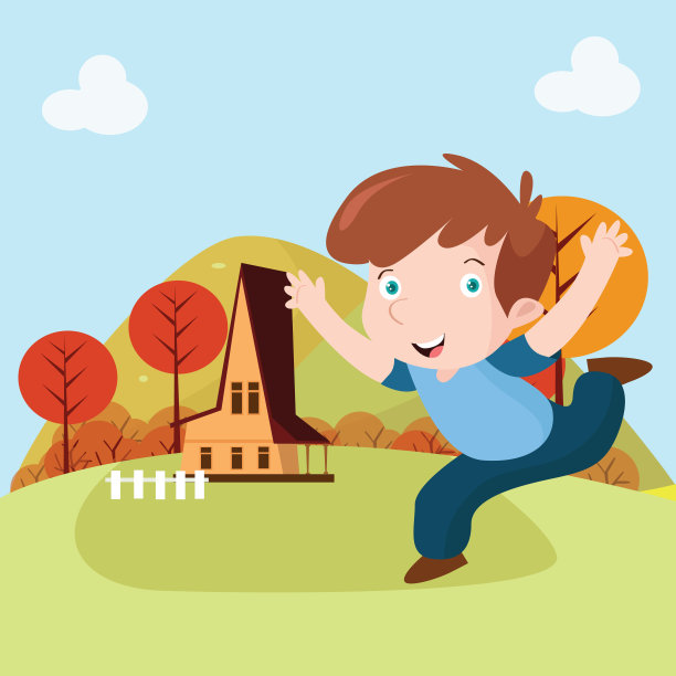 有趣的小男孩看起来快乐和愉快的小房子附近的大院子里，卡通人物图片下载