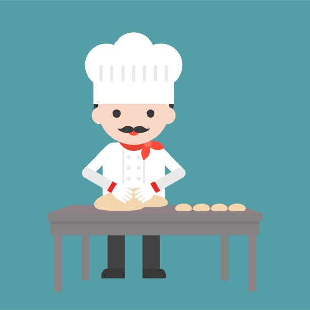 可爱的糕点师傅在桌上打面粉或揉面，设计扁平图片下载