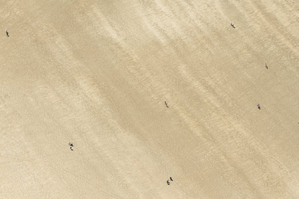 6月阳光明媚的康沃尔郡，人们在Polzeath海滩上行走的鸟瞰图。图片下载