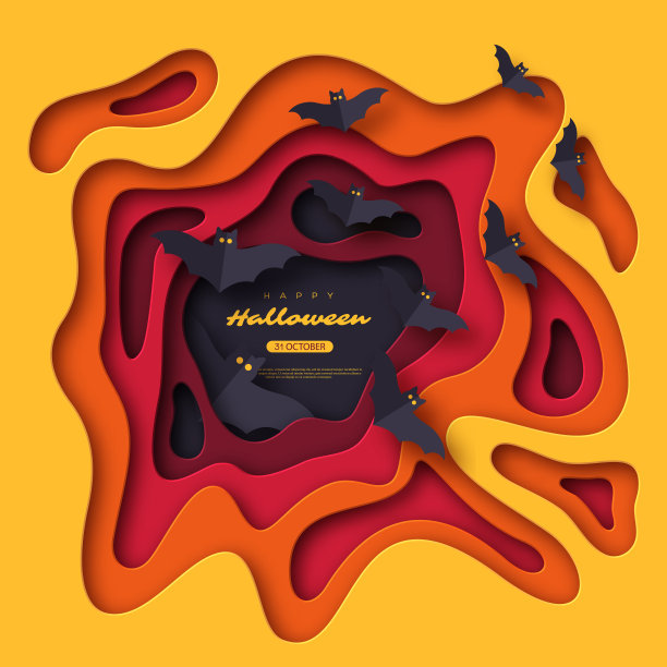 剪纸风格的抽象形状与飞行的蝙蝠。万圣节的节日背景。3d分层效果，矢量插图。图片下载