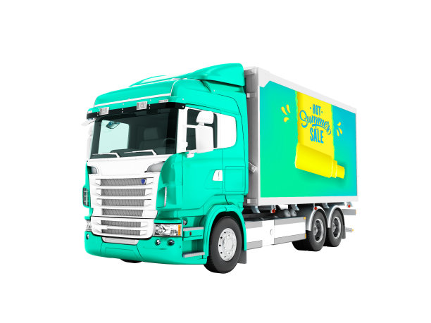 现代绿松石卡车与拖车与白色插图在夏季运送货物3D渲染在白色背景上没有阴影图片下载