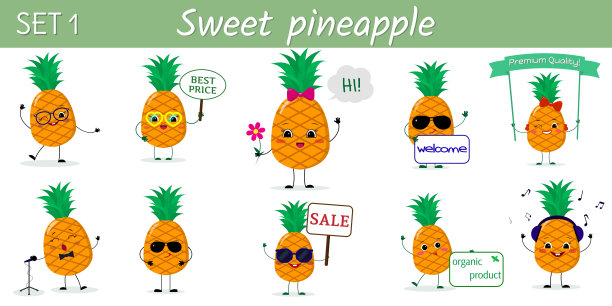 一套十个可爱的菠萝角色在不同的姿势和配件卡通风格。图片下载