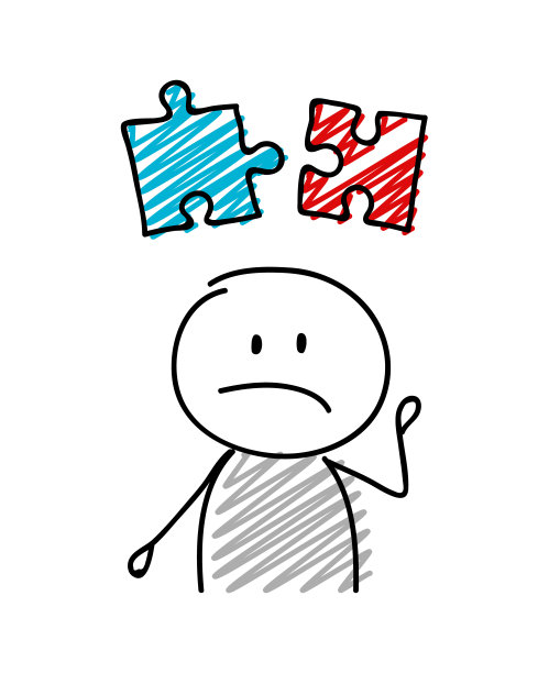 带有悲伤表情的火柴人拿着拼图图标 - 成功概念图标。矢量图。图片下载