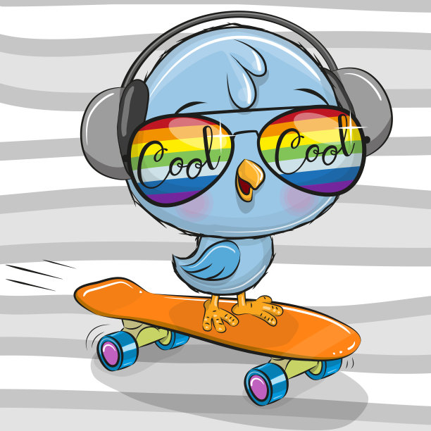 可爱的小鸟戴着太阳眼镜在滑板上图片下载