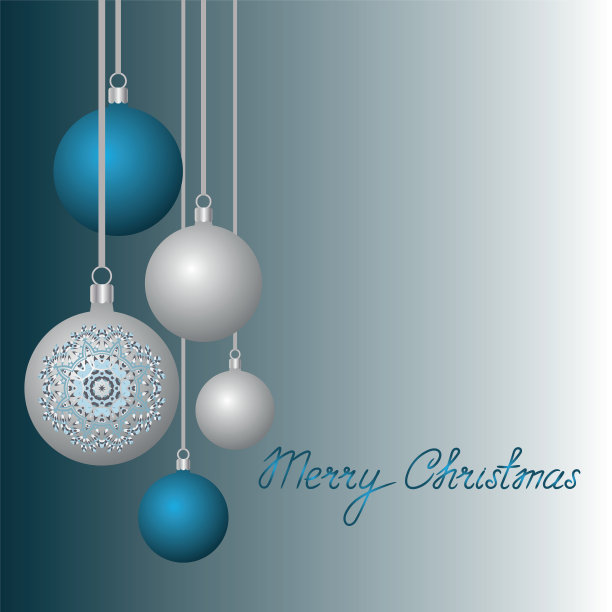 新年贺卡设计与圣诞球挂在丝带。收集的小装饰品。矢量插图背景设计。图片下载