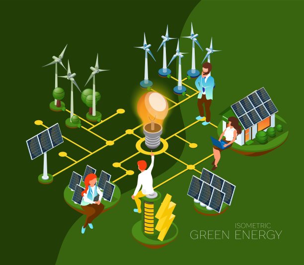替代能源:太阳能板，风车。讨论能源问题的人物。等距三维图片下载