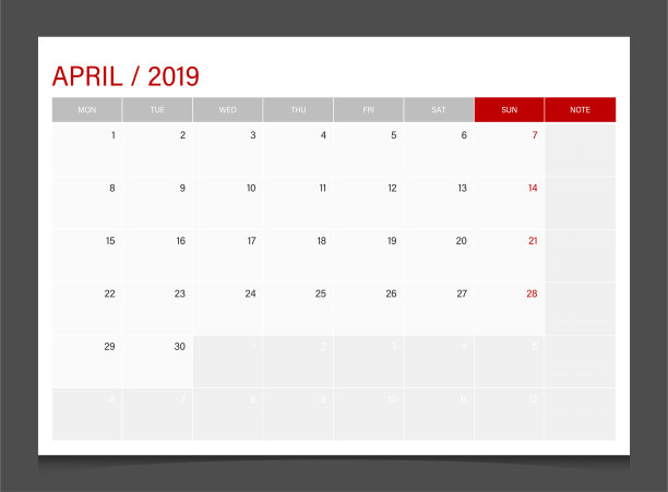 2019日历规划师4月周开始周一企业设计模板矢量。图片下载