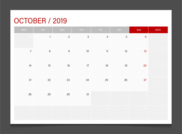 2019日历规划师10月周开始周一企业设计模板矢量。图片下载