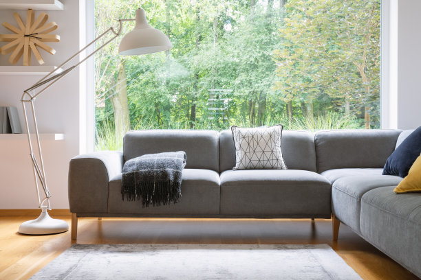 明亮客厅内景：白色金属落地灯、灰色转角沙发与靠垫图片下载