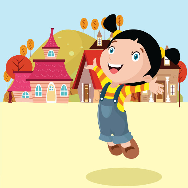 可爱的小女孩看起来兴高采烈的在村子里蹦蹦跳跳，卡通人物图片下载