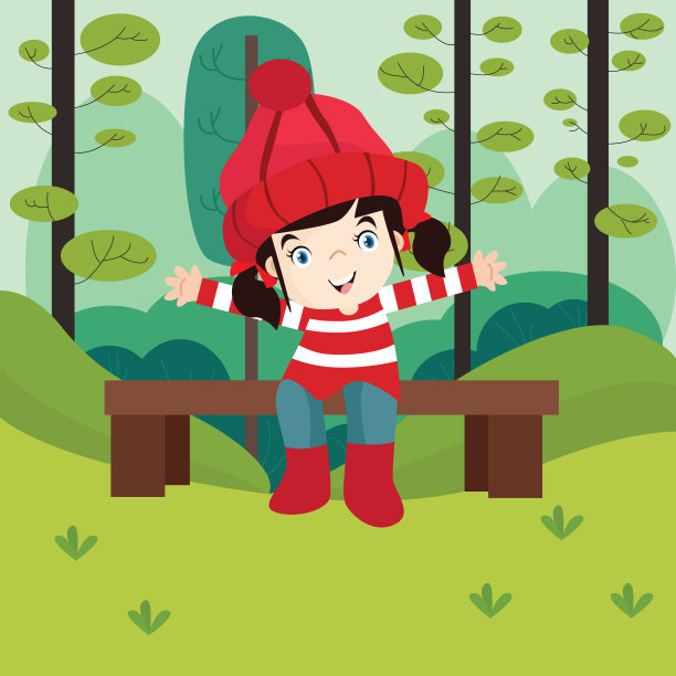 可爱的小女孩看起来兴高采烈的坐在森林里的长椅上，卡通人物图片下载