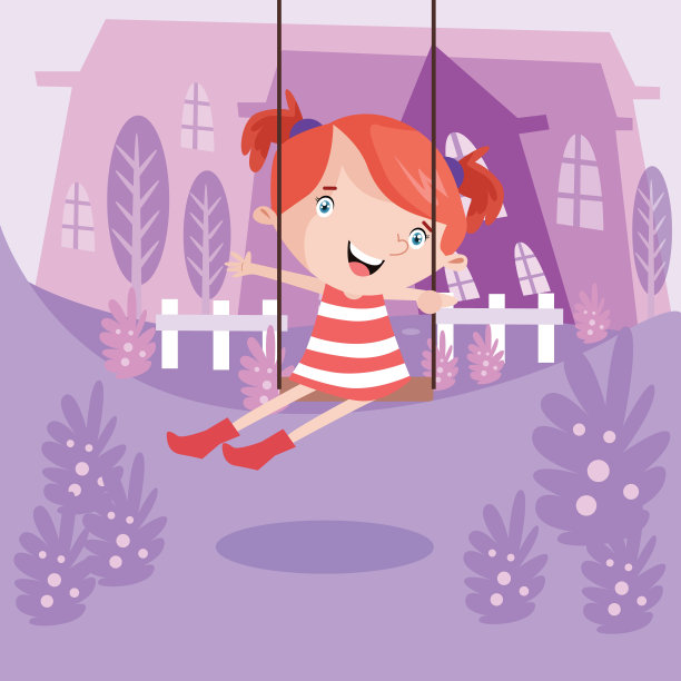 可爱的小马尾辫女孩们看起来兴高采烈的在前院玩秋千，紫色的房子，卡通人物图片下载