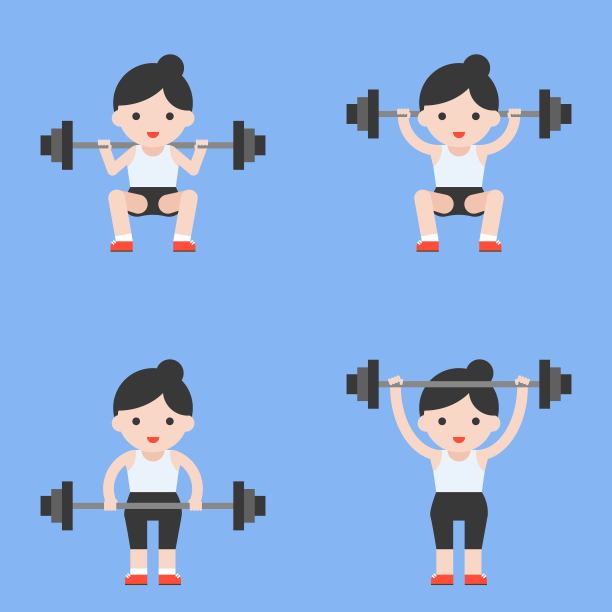 可爱的角色举重运动员与杠铃，举重设置在平坦的风格图片下载