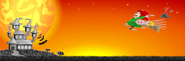 万圣节的横幅，上面有一个骑着火箭动力扫帚的女巫图片下载