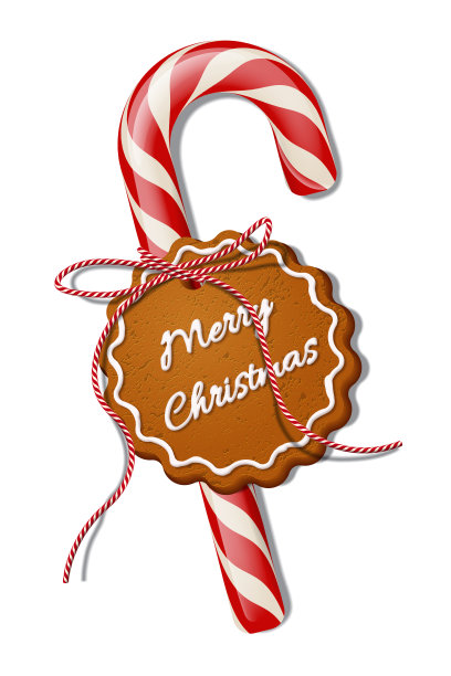 红色的圣诞糖果手杖与红色条纹丝带和饼干与圣诞快乐的文字。矢量圣诞设计元素。图片下载