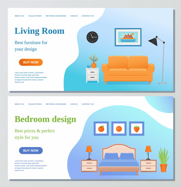 客厅、卧室网页设计模板。矢量插图。图片下载