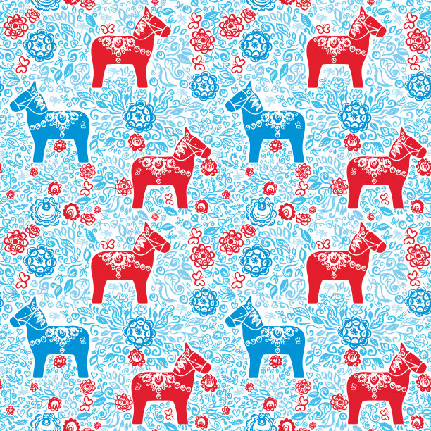 无缝图案达拉马达拉马传统雕刻彩绘木马雕像起源于瑞典达拉那省。红色的白色的蓝色的花叶子在白色的背景。向量图片下载