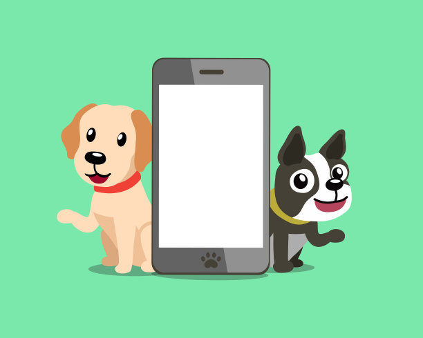 卡通人物拉布拉多寻回犬和波士顿梗犬与智能手机图片下载