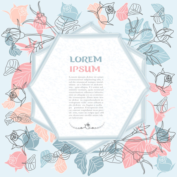 贺卡、请帖由粉红色和蓝色的玫瑰组成，在文字的框架下图片下载