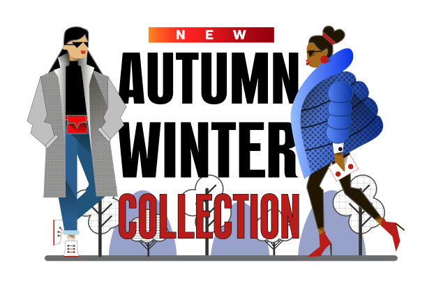 时尚概念横幅与时尚女孩在冬季外套。平坦的插图。图片下载