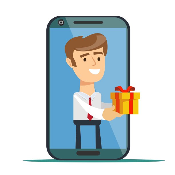 年轻男子从智能手机屏幕上发送礼物盒孤立的背景图片下载