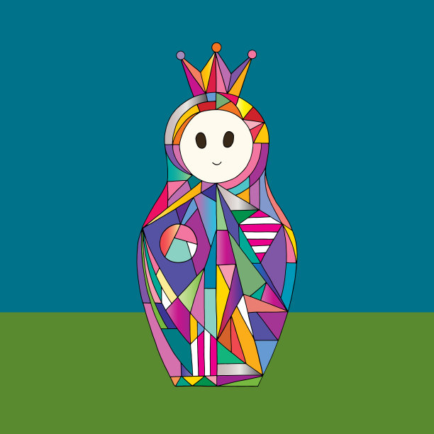 俄罗斯套娃手绘矢量图。嵌套娃娃的特点在现代风格。抽象有趣的女孩贺卡。图片下载