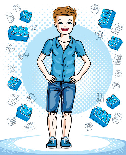 小男孩可爱的孩子站在时尚的休闲衣服。矢量相当不错的人类插图。童年生活剪辑艺术。图片下载