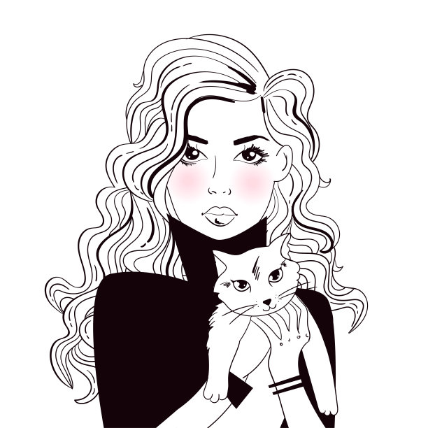 抱着白猫的女人。素描向量。卡通。白色背景上的孤立艺术图片下载