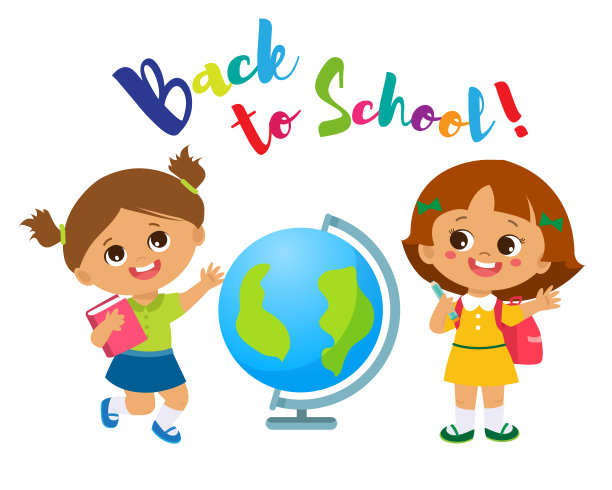 欢迎回到学校主题。可爱的女学生与地球和书包。图片下载