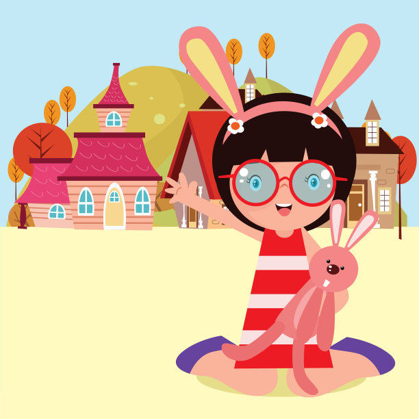 可爱的兔子女孩看起来快乐和愉快的坐在她的兔子娃娃，卡通人物盘腿图片下载