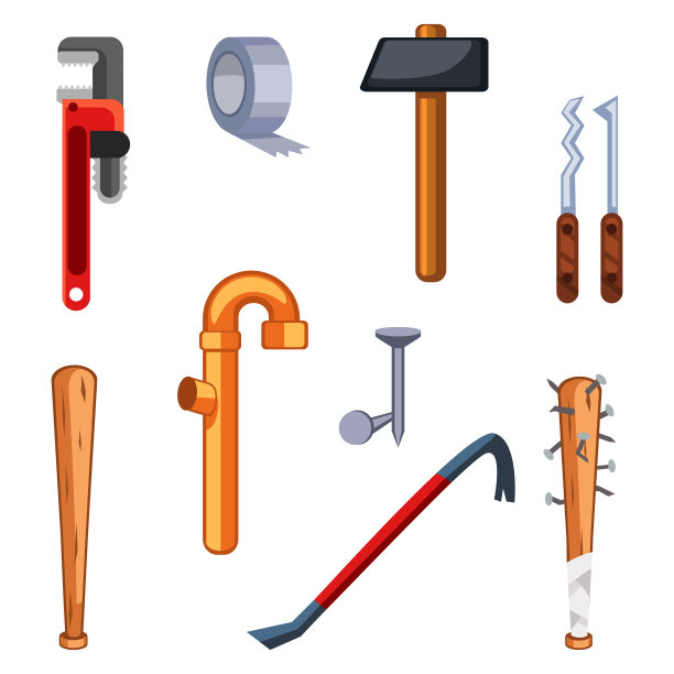 卡通生存游戏项目-钝器武器锤子，扳手，管道，球棒与钉子，开锁器，素描图片下载