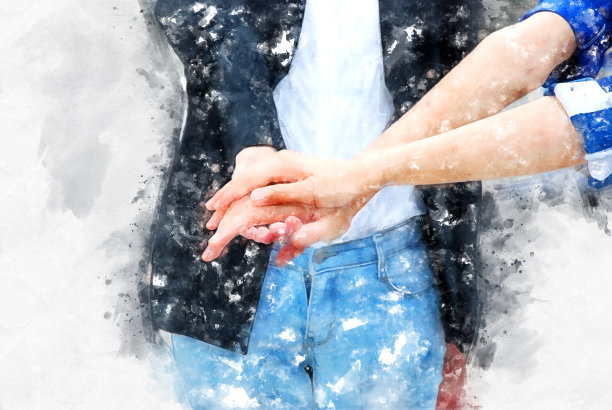 抽象的女性在水彩画的背景下牵手经营理念和握手理念。图片下载