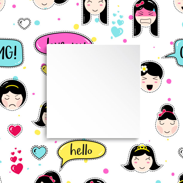 女孩横幅与动漫表情图案。可爱的表情包图片下载