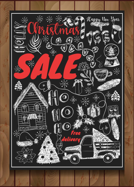 用粉笔在黑板上画元素的圣诞促销横幅。向量。图片下载