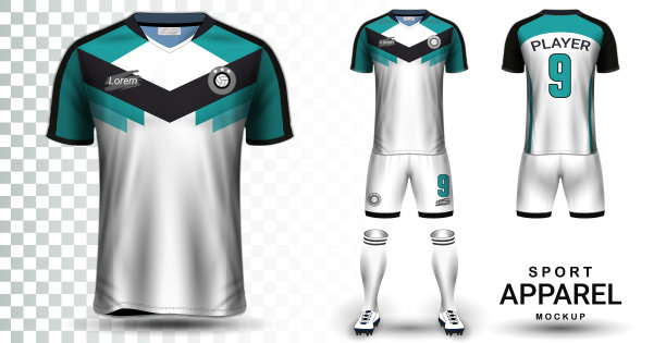 足球球衣和足球套装演示模型模板，正面和背面视图包括运动服制服，短裤和袜子，它是完全定制孤立在透明的背景。图片下载