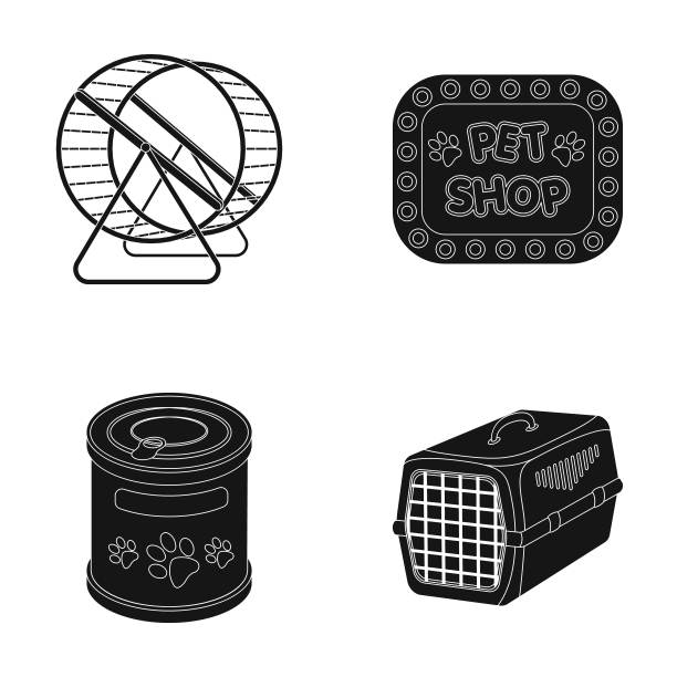 用于装载动物和动物园商店其他属性的容器。宠物商店集合图标在黑色风格向量符号股票插图网。图片下载