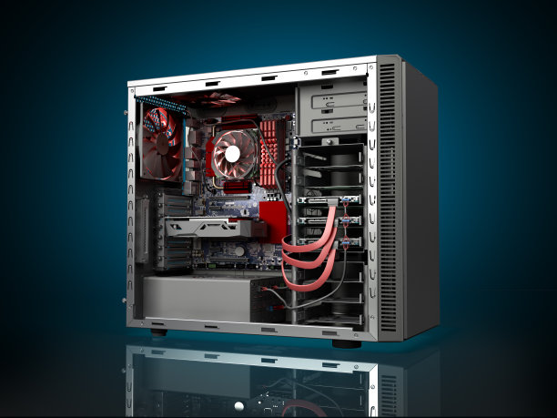 打开PC机箱与内部部件主板冷却器视频卡电源硬盘驱动器3d渲染在深蓝色图片下载