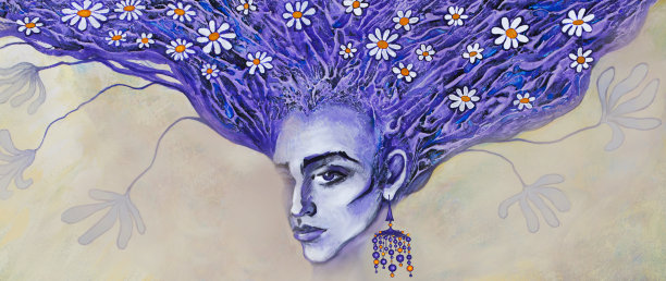 一幅现代印象派风格的作品的时尚插图艺术肖像，一个年轻美丽的女人与长头发和耳环的自然宝石图片下载