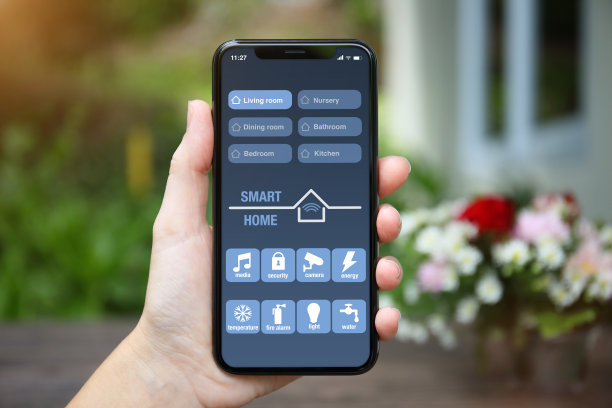 女人手持显示智能家居App的手机图片下载