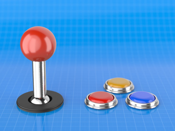 3D渲染：蓝色背景上的街机摇杆图片下载