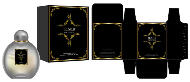 包装设计，化妆品容器上的标签与黑色和金色豪华盒模板和模型盒。说明向量。图片下载